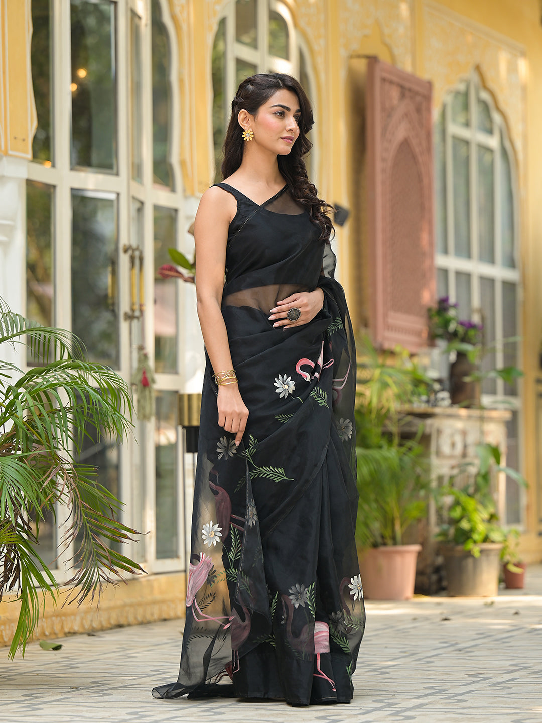 Black Hand painted Organza Saree