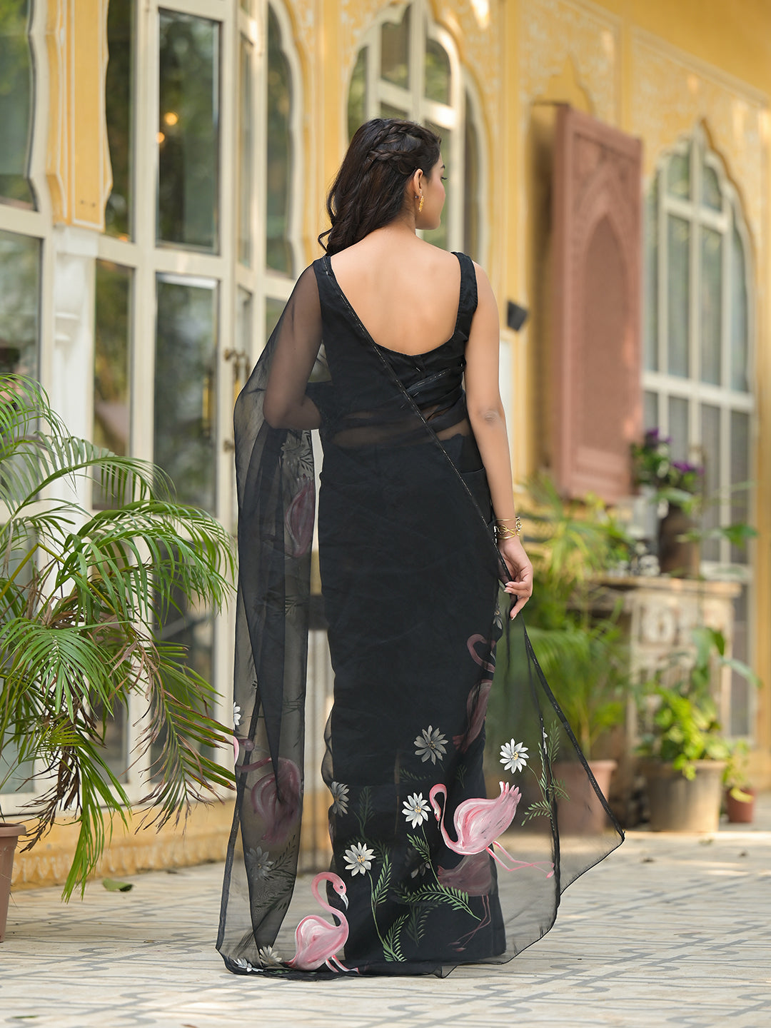 Black Hand painted Organza Saree
