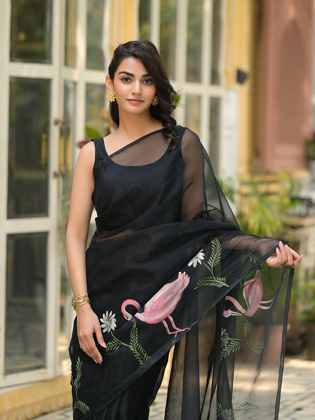 Black Hand painted Organza Saree