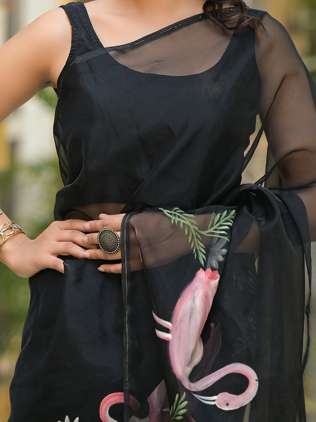 Black Hand painted Organza Saree