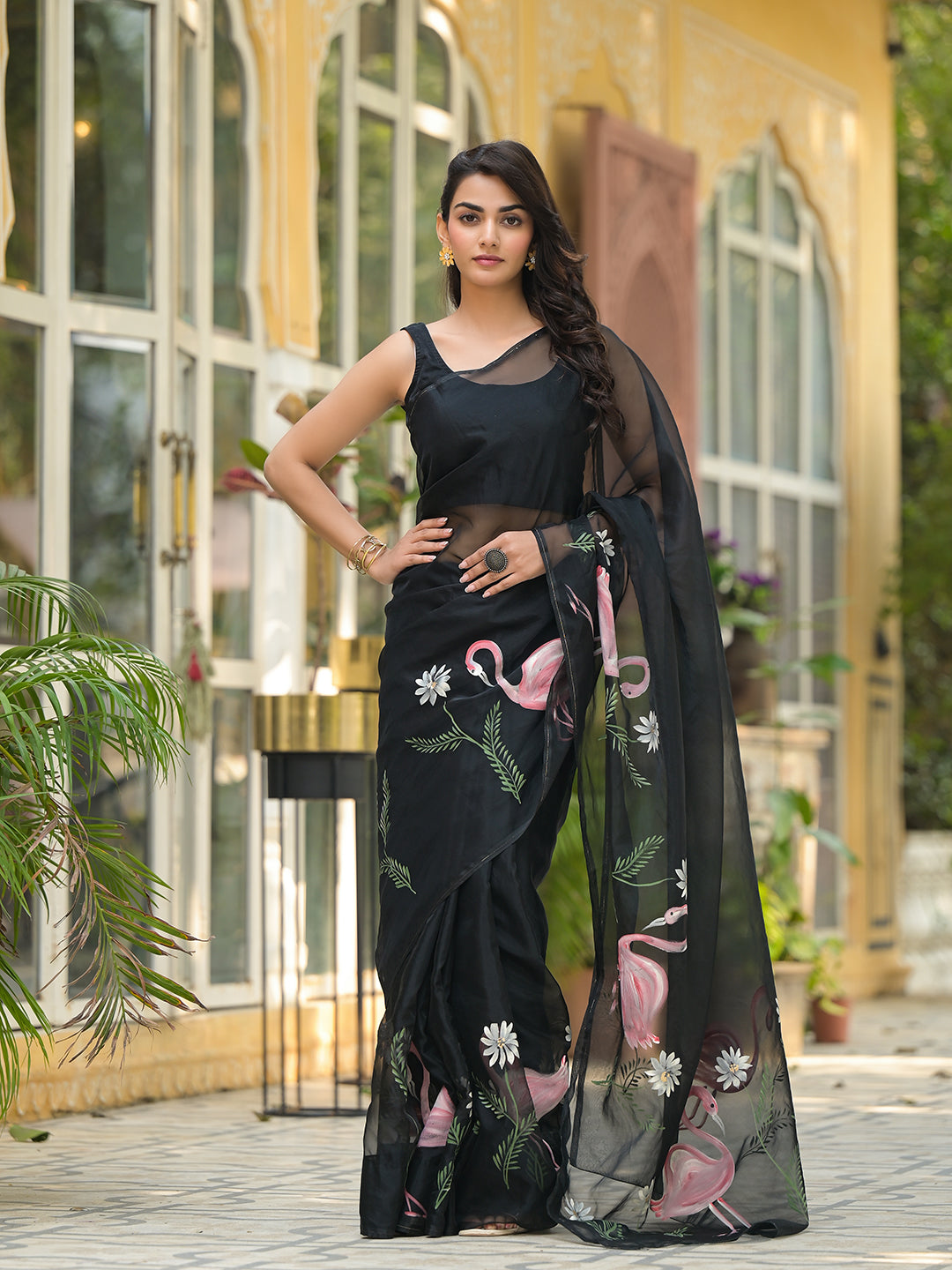 Black Hand painted Organza Saree