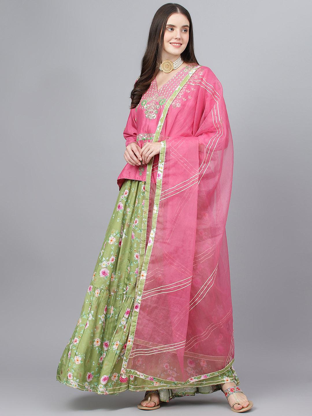  Pink and Green Russian Silk Flared Lehenga Choli Set with Organza Dupatta -  world
