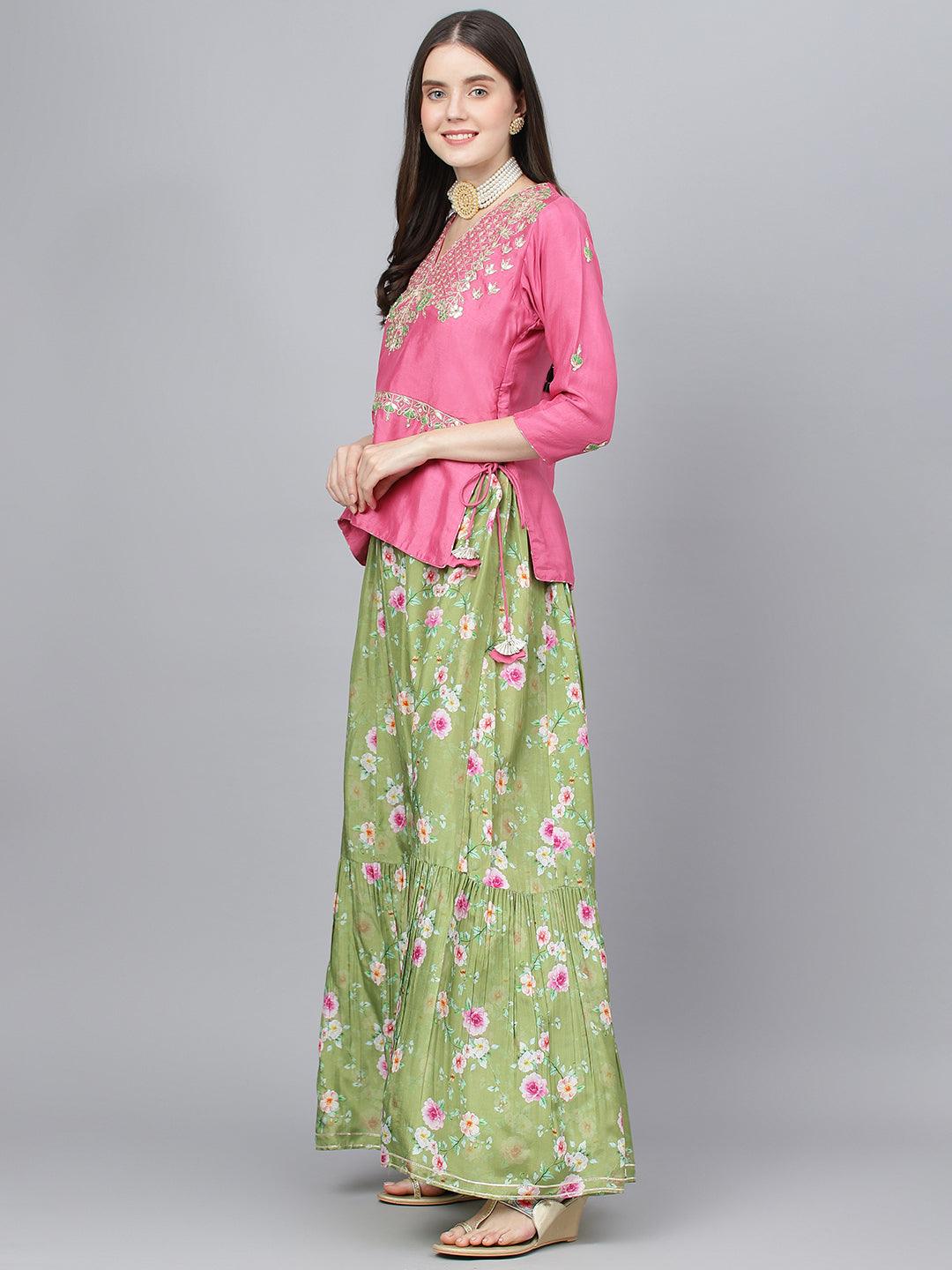  Pink and Green Russian Silk Flared Lehenga Choli Set with Organza Dupatta -  world