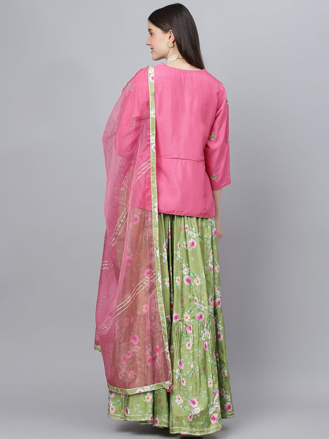  Pink and Green Russian Silk Flared Lehenga Choli Set with Organza Dupatta -  world