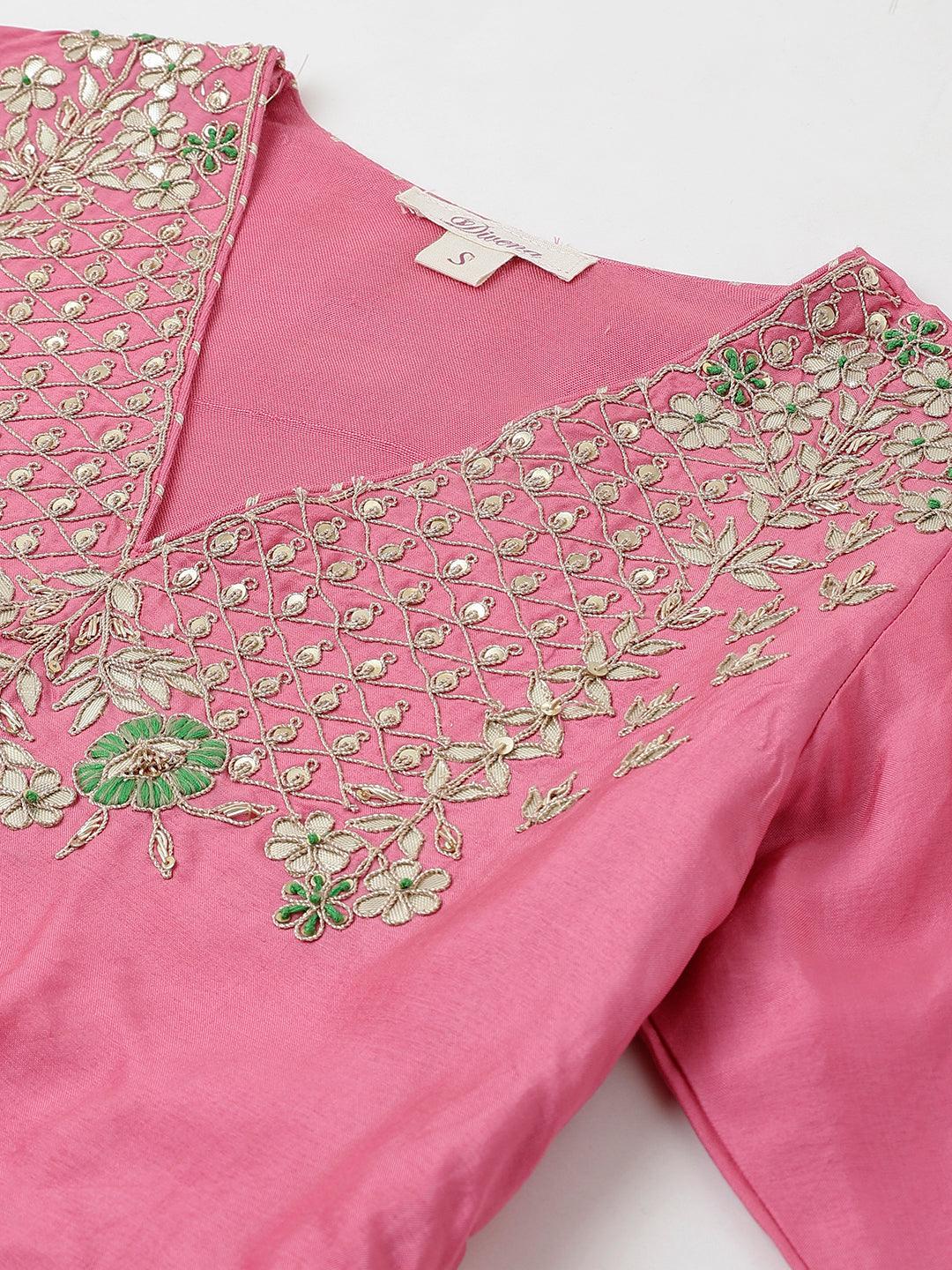  Pink and Green Russian Silk Flared Lehenga Choli Set with Organza Dupatta -  world