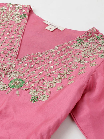  Pink and Green Russian Silk Flared Lehenga Choli Set with Organza Dupatta -  world