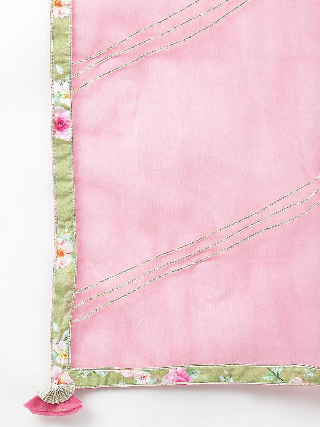  Pink and Green Russian Silk Flared Lehenga Choli Set with Organza Dupatta -  world