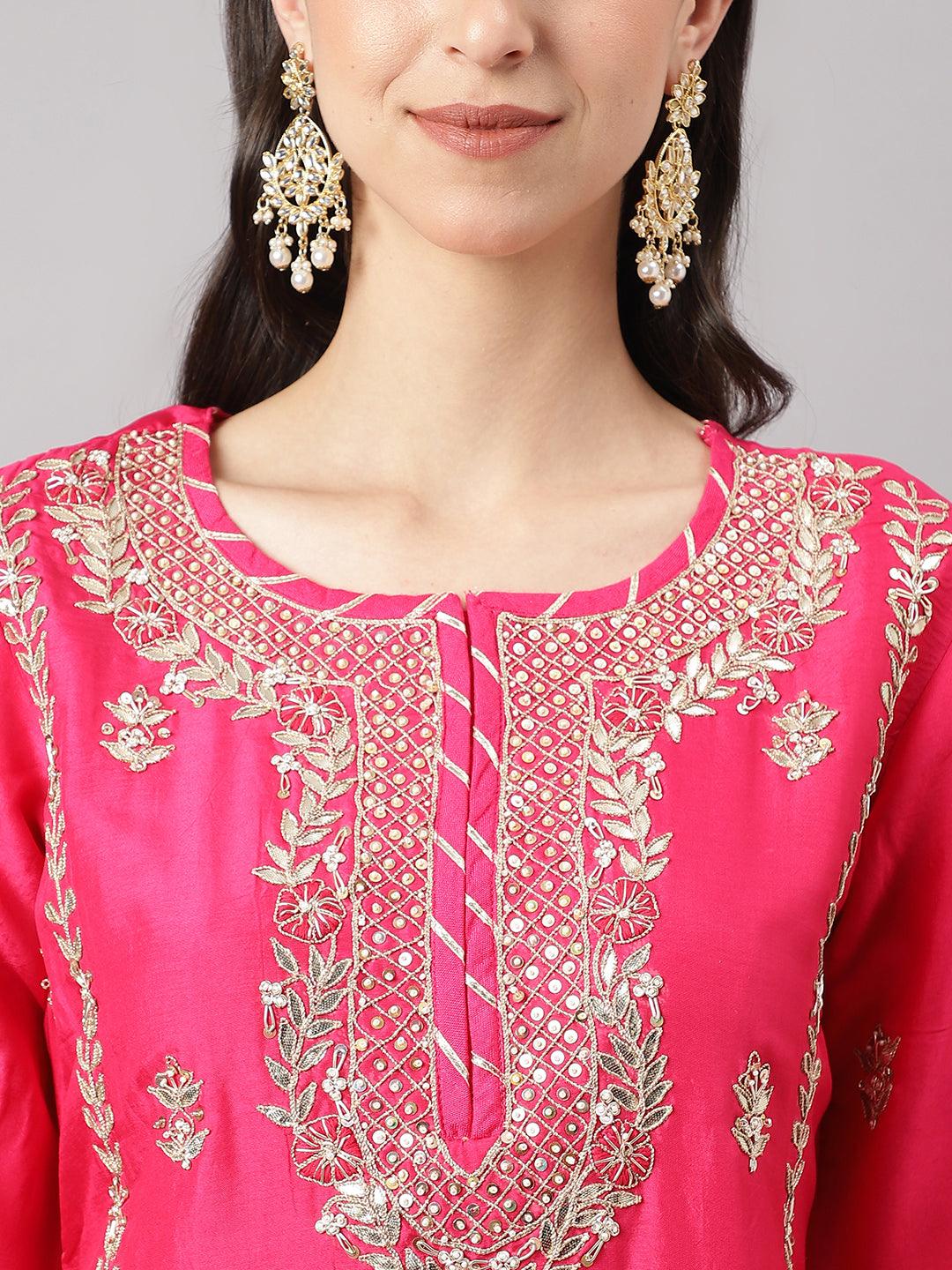  Pink russian silk Hand embroidery Kurta Sharara with Organza dupatta -  world