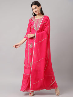 Pink russian silk Hand embroidery Kurta Sharara with Organza dupatta