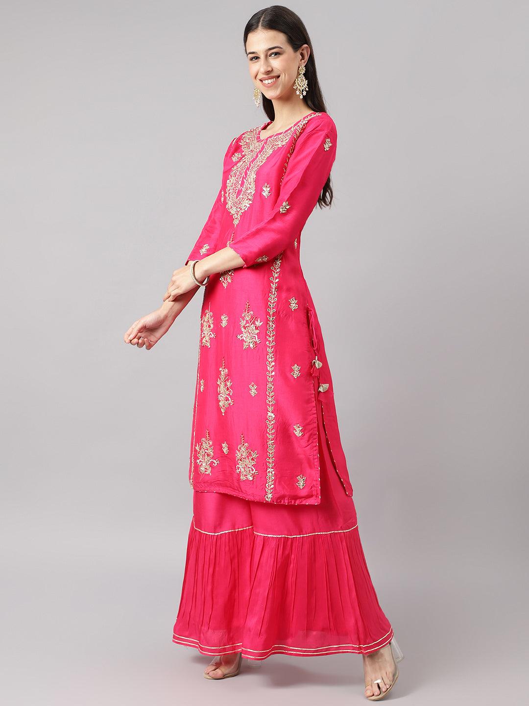  Pink russian silk Hand embroidery Kurta Sharara with Organza dupatta -  world
