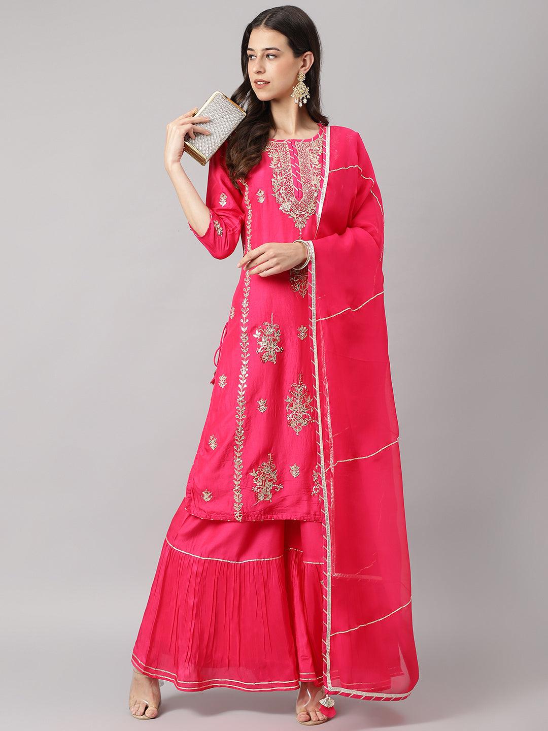  Pink russian silk Hand embroidery Kurta Sharara with Organza dupatta -  world