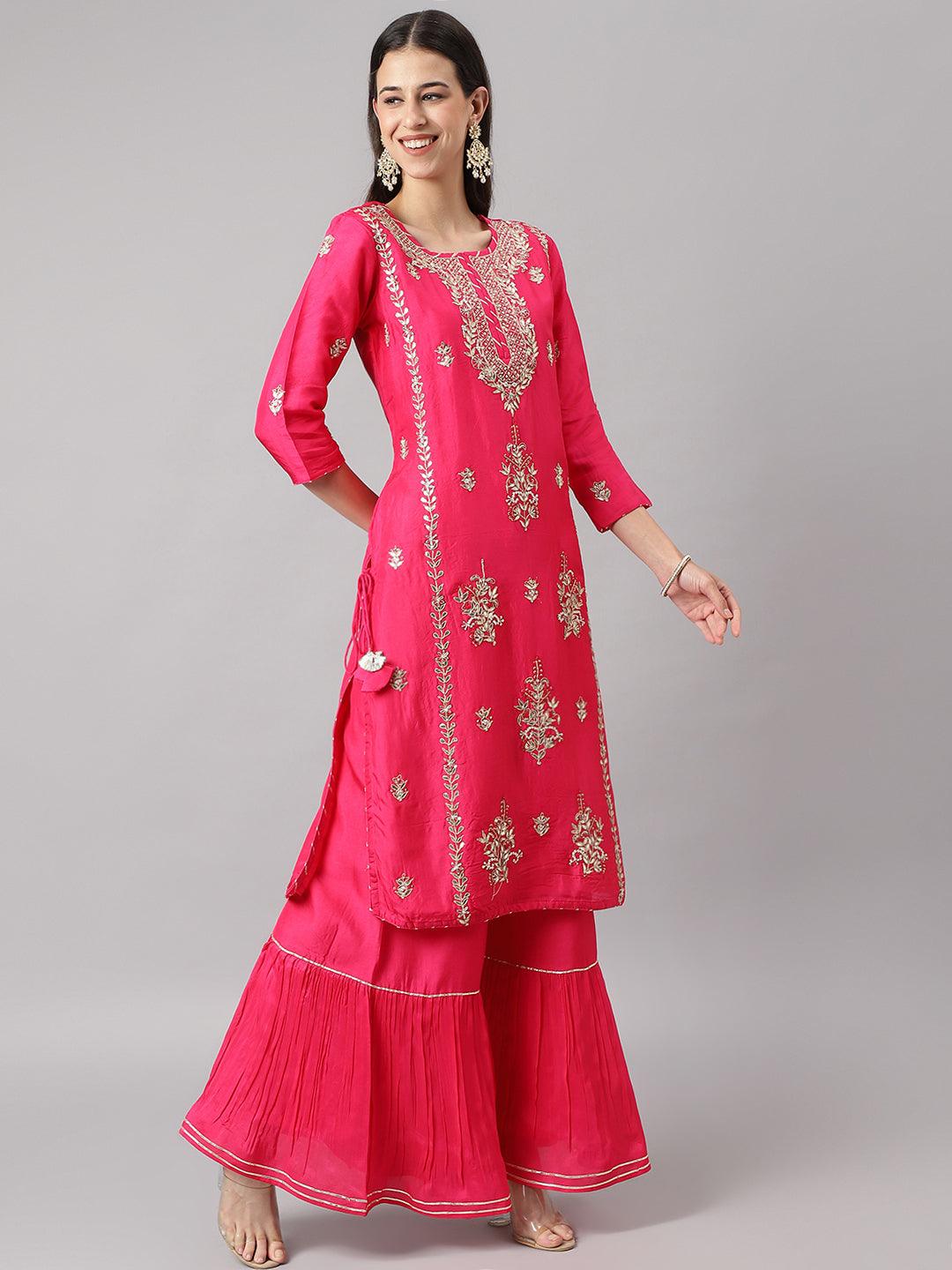  Pink russian silk Hand embroidery Kurta Sharara with Organza dupatta -  world