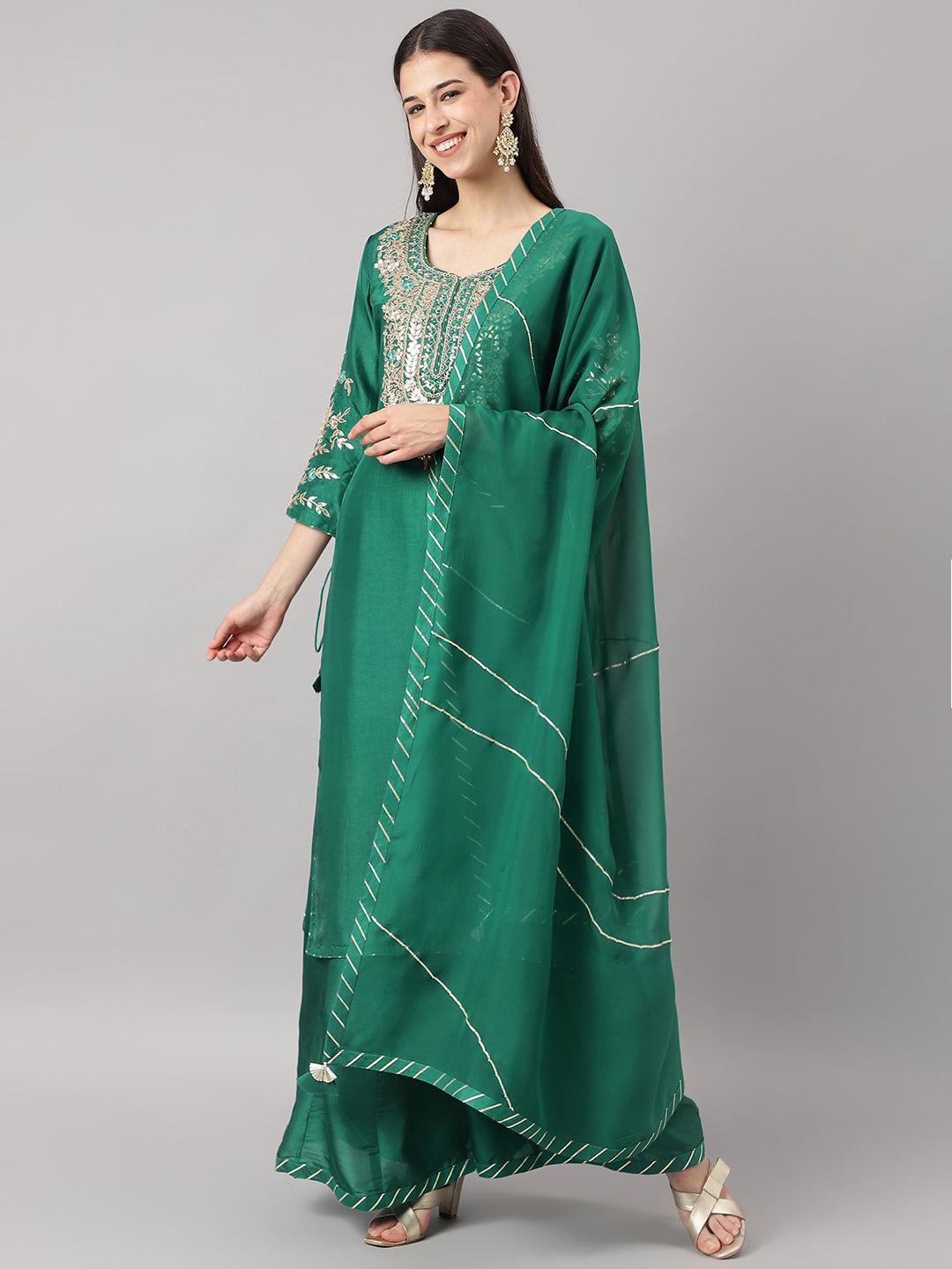  Green uppada silk Hand embroidery Kurta Sharara with Organza dupatta -  world