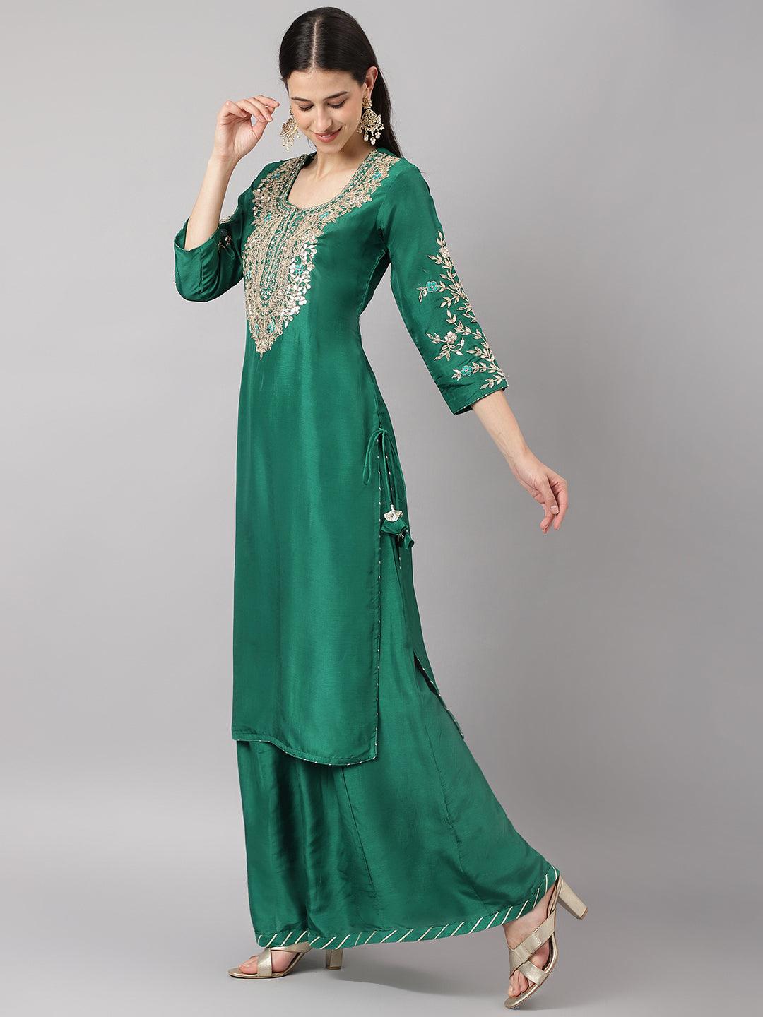  Green uppada silk Hand embroidery Kurta Sharara with Organza dupatta -  world