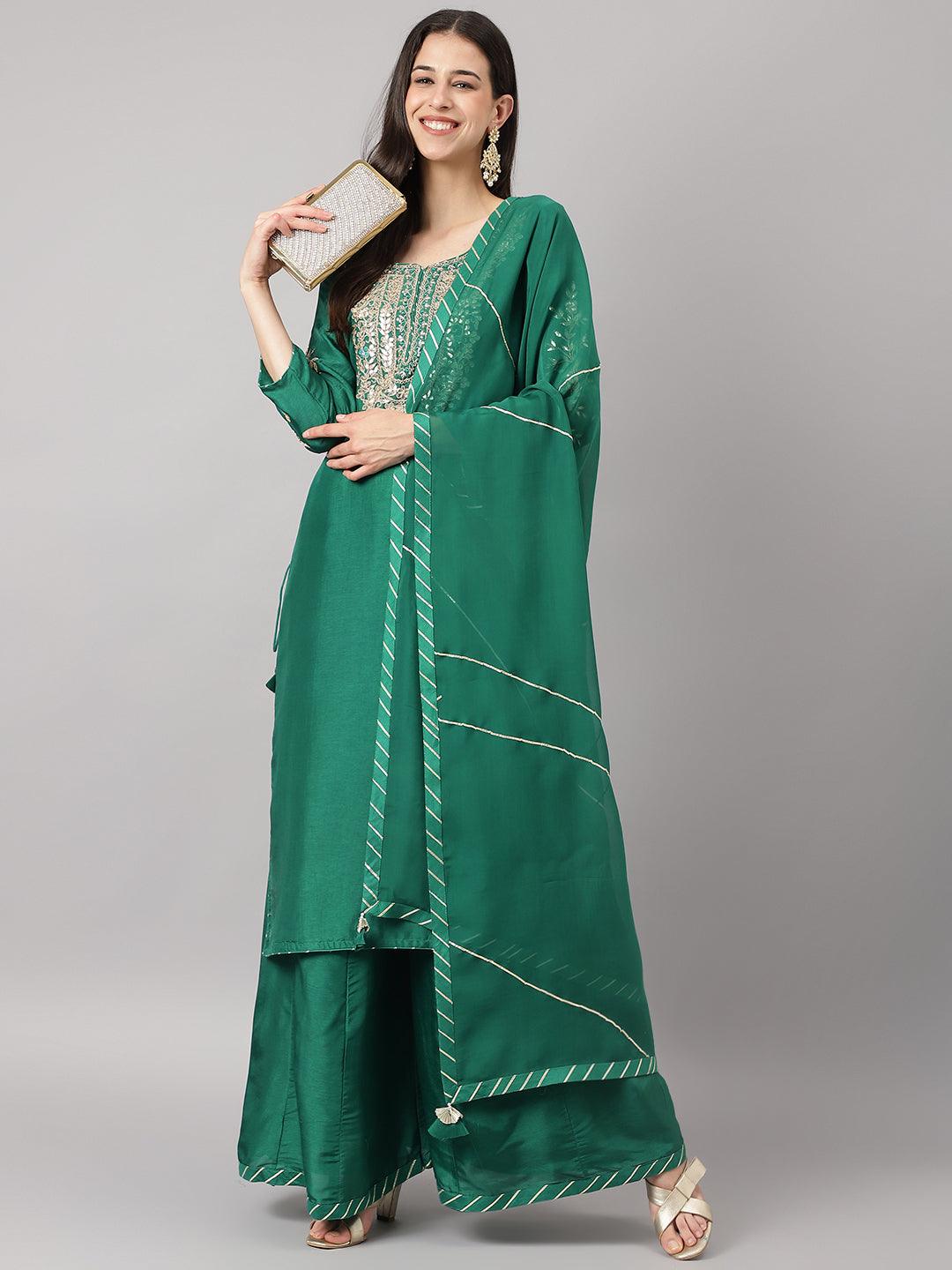  Green uppada silk Hand embroidery Kurta Sharara with Organza dupatta -  world