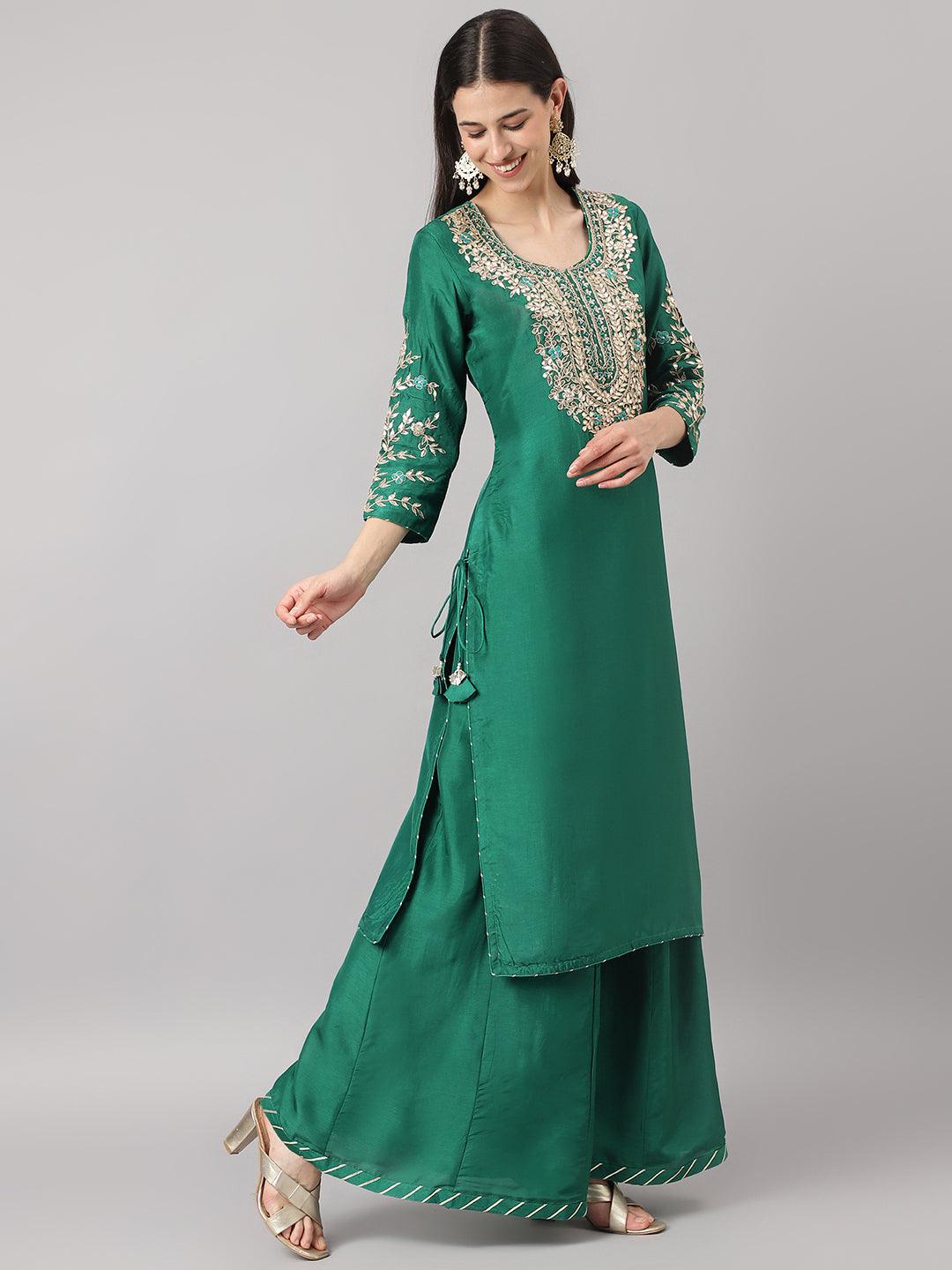  Green uppada silk Hand embroidery Kurta Sharara with Organza dupatta -  world