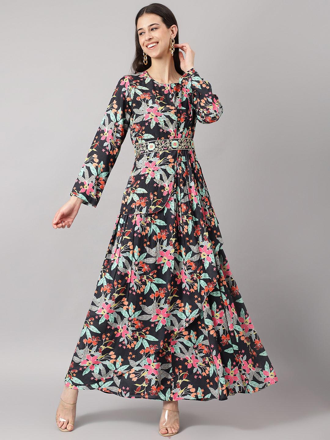 Black Muslin Floral Sequin work with attached Dupatta Flared Gown -  world