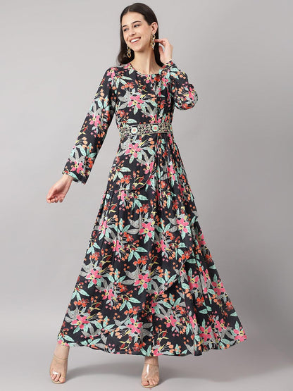  Black Muslin Floral Sequin work with attached Dupatta Flared Gown -  world
