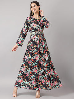 Black Muslin Floral Sequin work with attached Dupatta Flared Gown