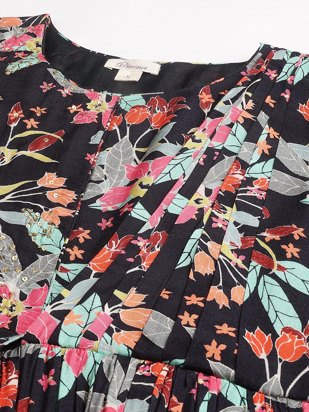  Black Muslin Floral Sequin work with attached Dupatta Flared Gown -  world