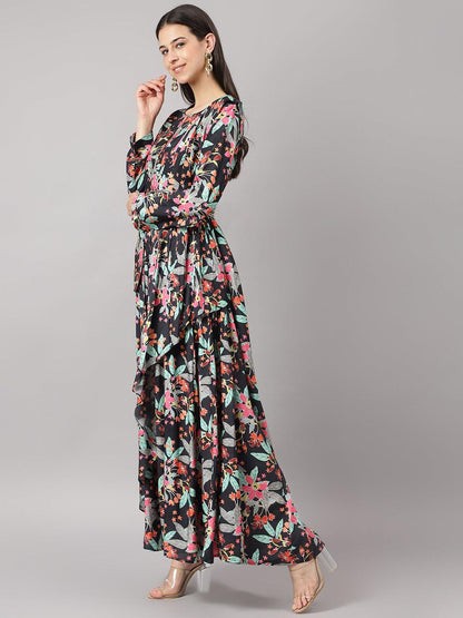  Black Muslin Floral Sequin work with attached Dupatta Flared Gown -  world