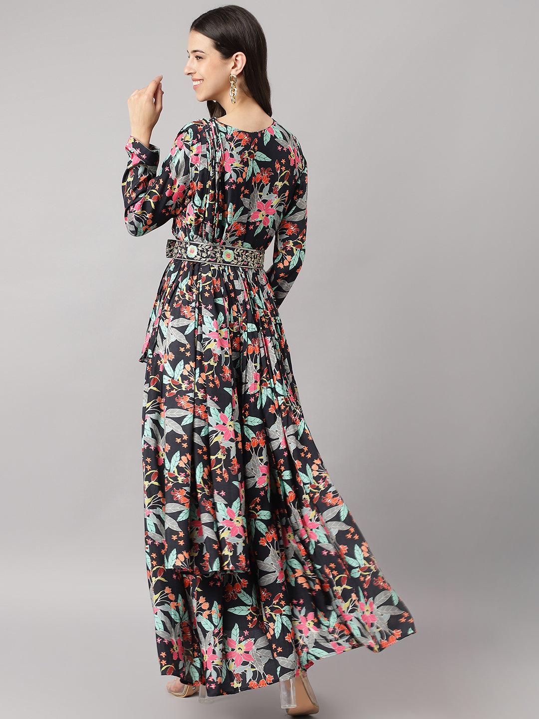  Black Muslin Floral Sequin work with attached Dupatta Flared Gown -  world