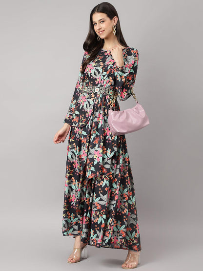  Black Muslin Floral Sequin work with attached Dupatta Flared Gown -  world