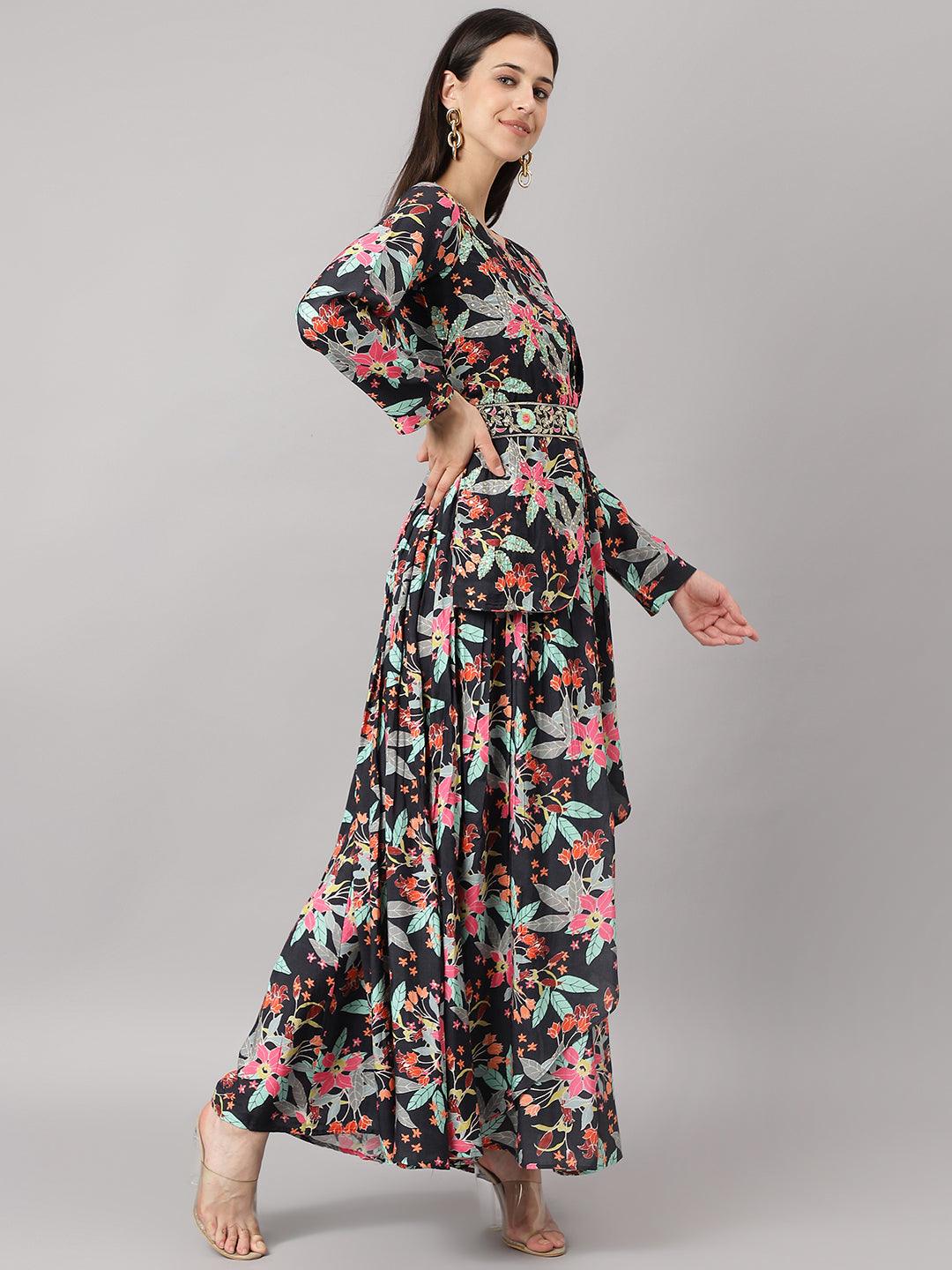  Black Muslin Floral Sequin work with attached Dupatta Flared Gown -  world