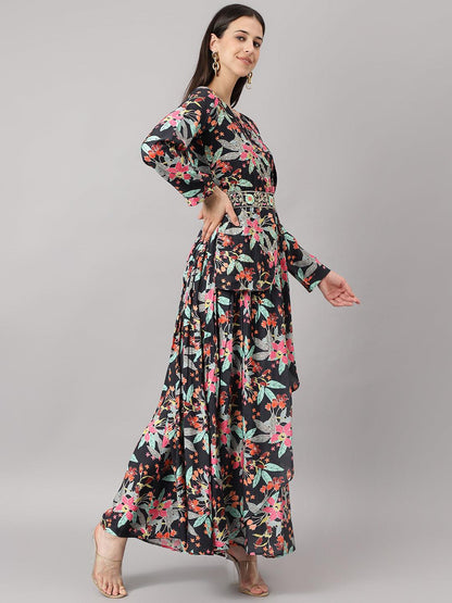  Black Muslin Floral Sequin work with attached Dupatta Flared Gown -  world