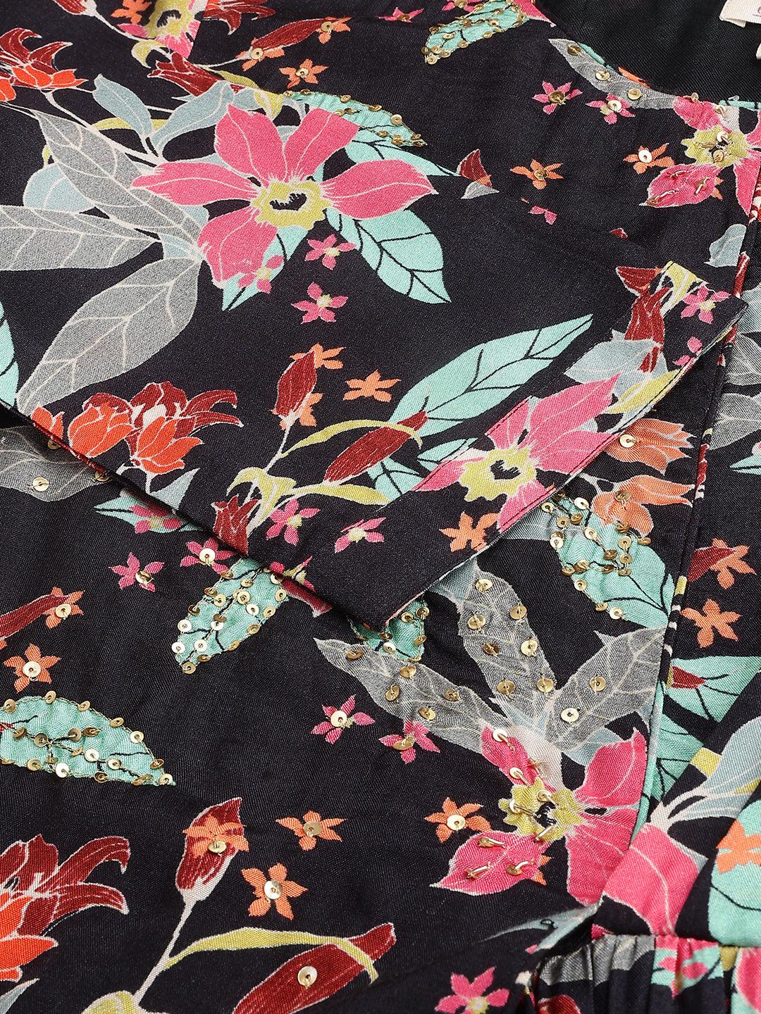  Black Muslin Floral Sequin work with attached Dupatta Flared Gown -  world