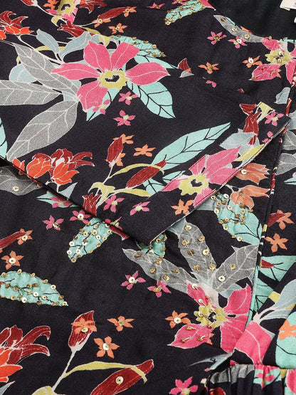  Black Muslin Floral Sequin work with attached Dupatta Flared Gown -  world