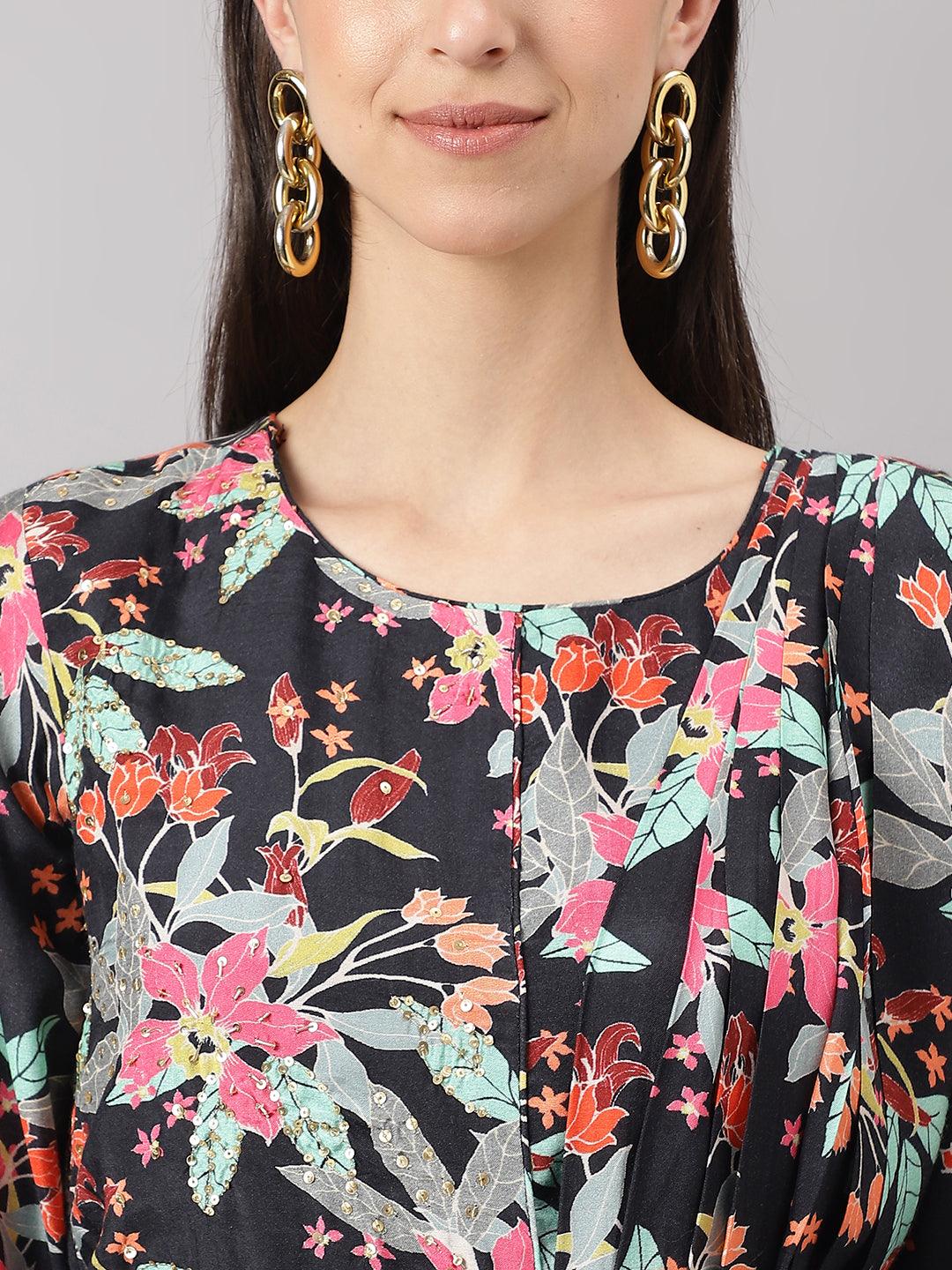  Black Muslin Floral Sequin work with attached Dupatta Flared Gown -  world