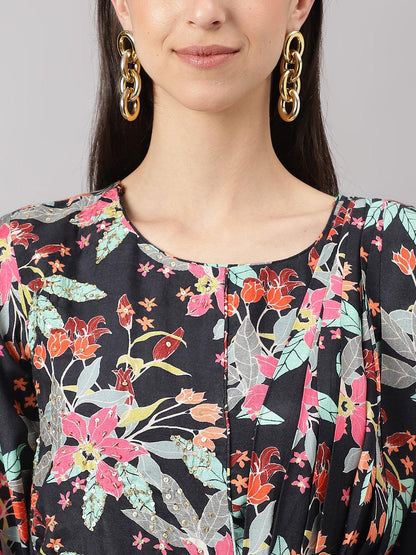  Black Muslin Floral Sequin work with attached Dupatta Flared Gown -  world