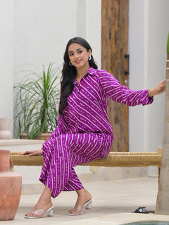 Purple Stripes Shirt With Trousers Co-Ords