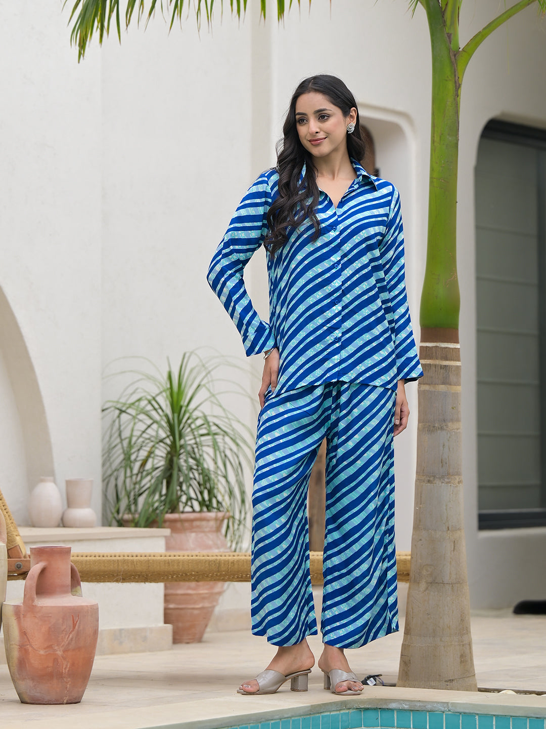 Blue Stripes Shirt With Trousers Co-Ords