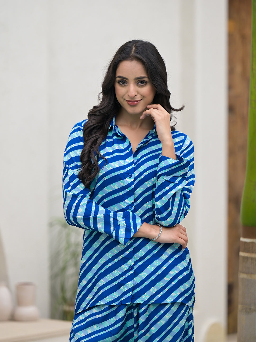 Blue Stripes Shirt With Trousers Co-Ords