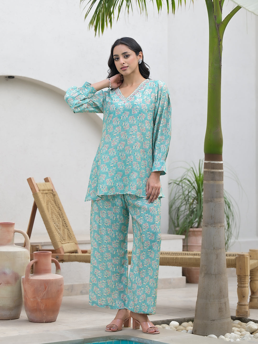 Green Embroidered V-Neck Top With Trousers Co-Ords