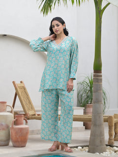 Green Embroidered V-Neck Top With Trousers Co-Ords