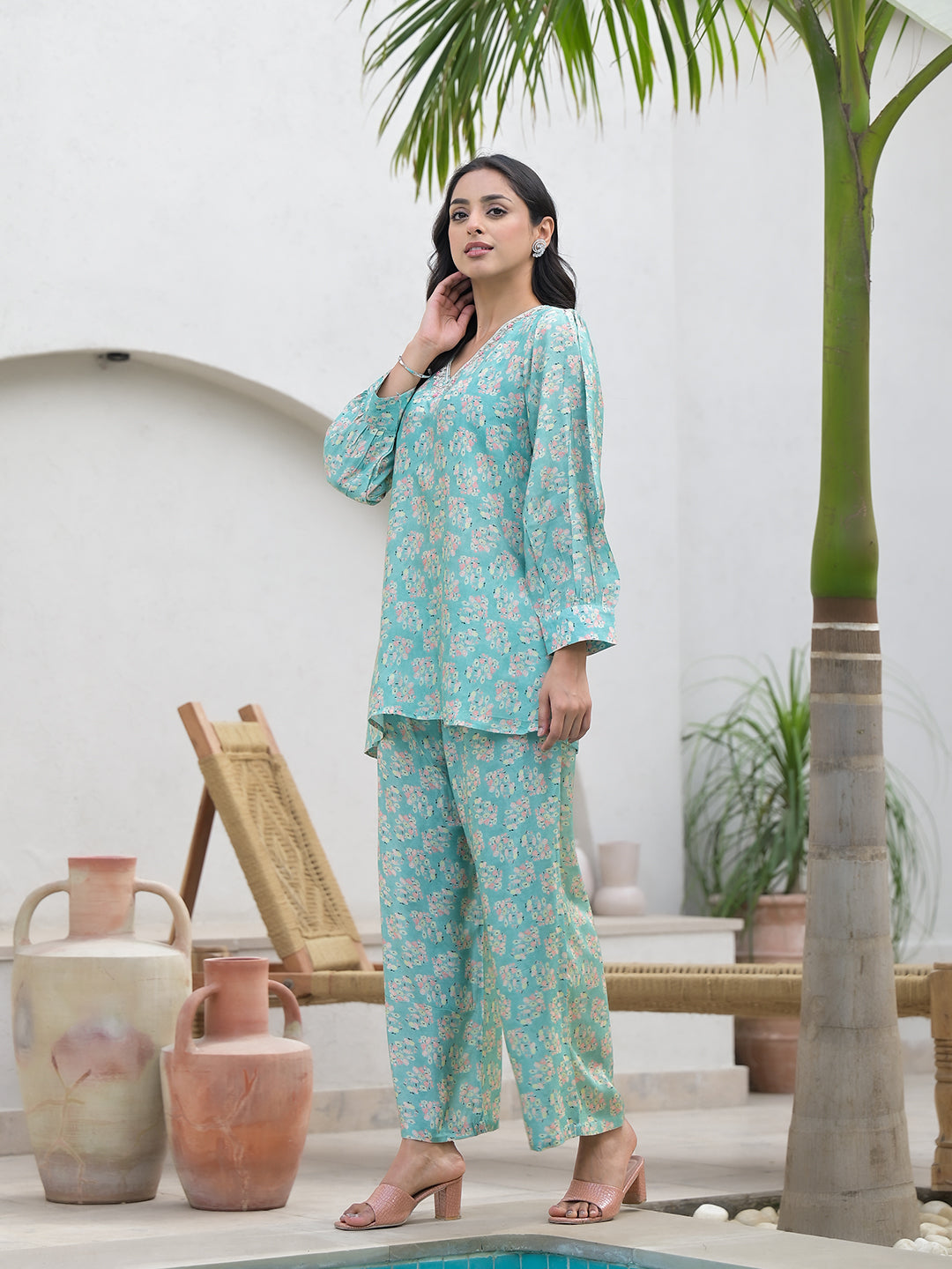 Green Embroidered V-Neck Top With Trousers Co-Ords
