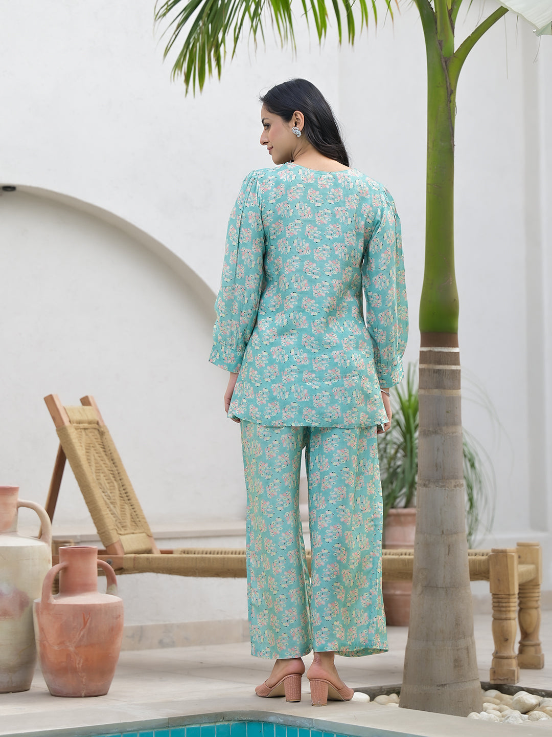 Green Embroidered V-Neck Top With Trousers Co-Ords