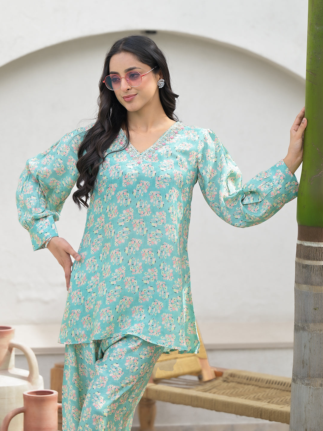 Green Embroidered V-Neck Top With Trousers Co-Ords