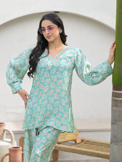 Green Embroidered V-Neck Top With Trousers Co-Ords