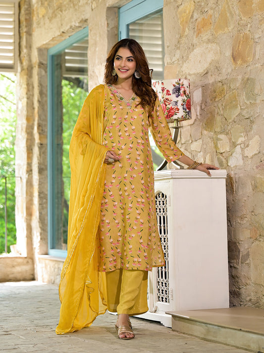 Yellow Floral Printed Bead Work Muslin Kurta Set