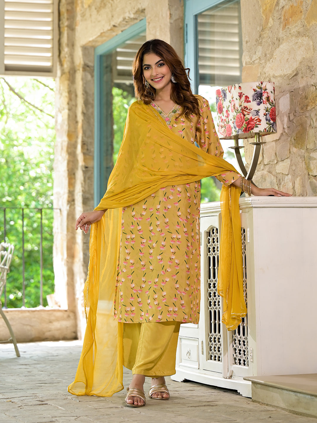 Yellow Floral Printed Bead Work Muslin Kurta Set