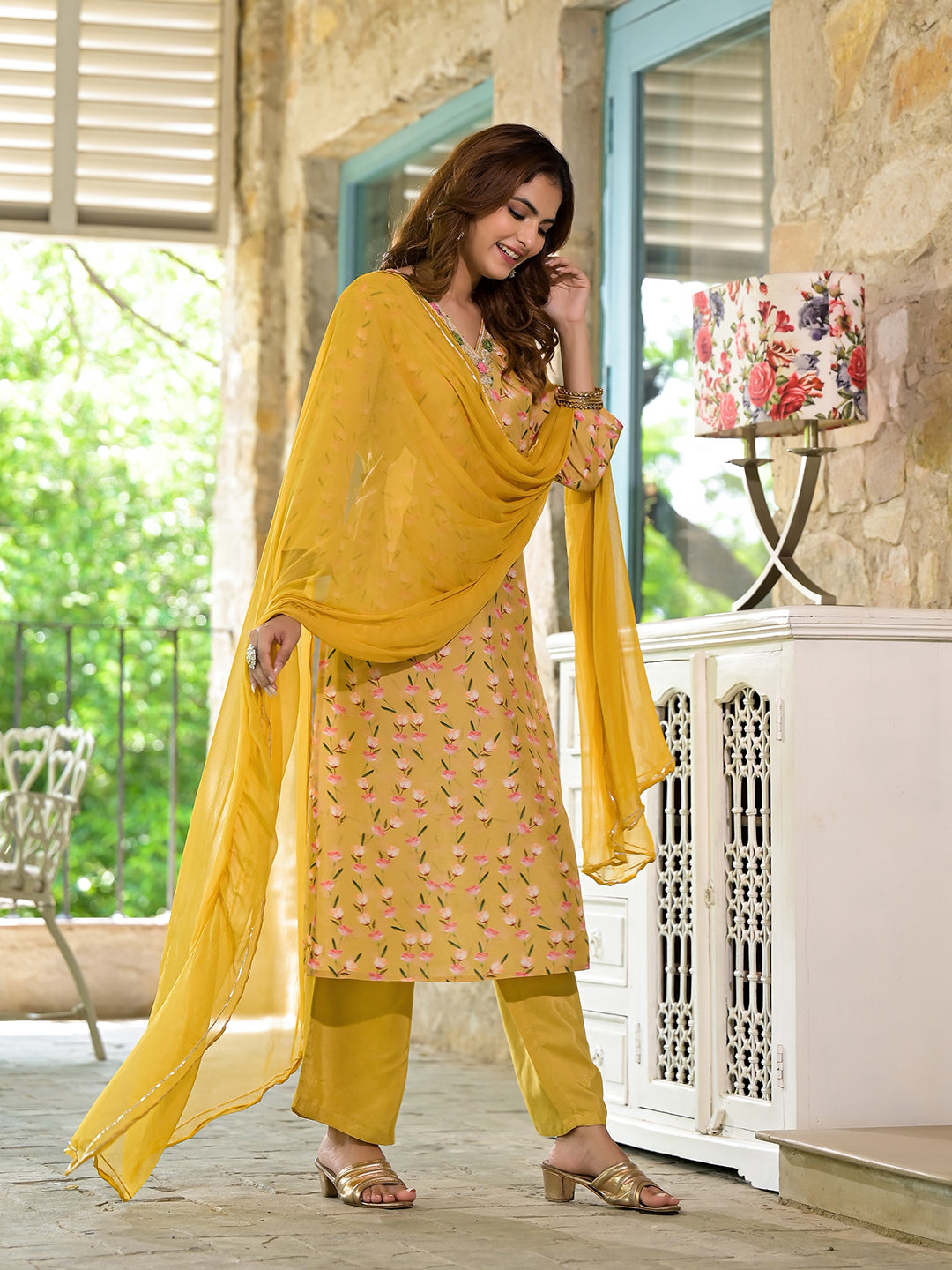 Yellow Floral Printed Bead Work Muslin Kurta Set