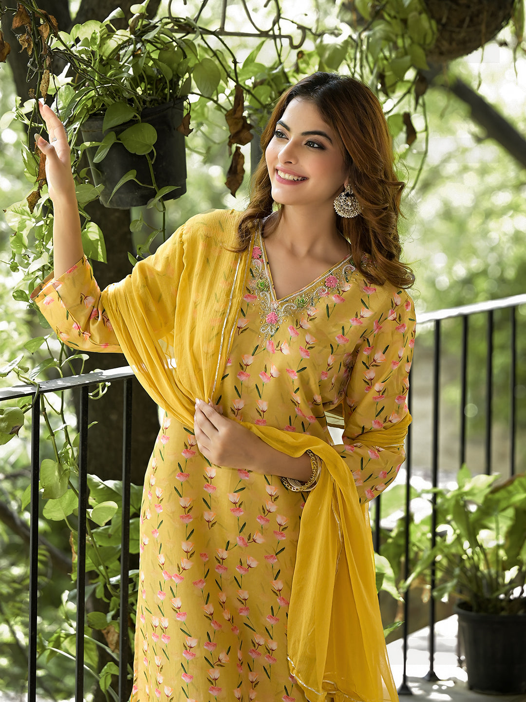 Yellow Floral Printed Bead Work Muslin Kurta Set