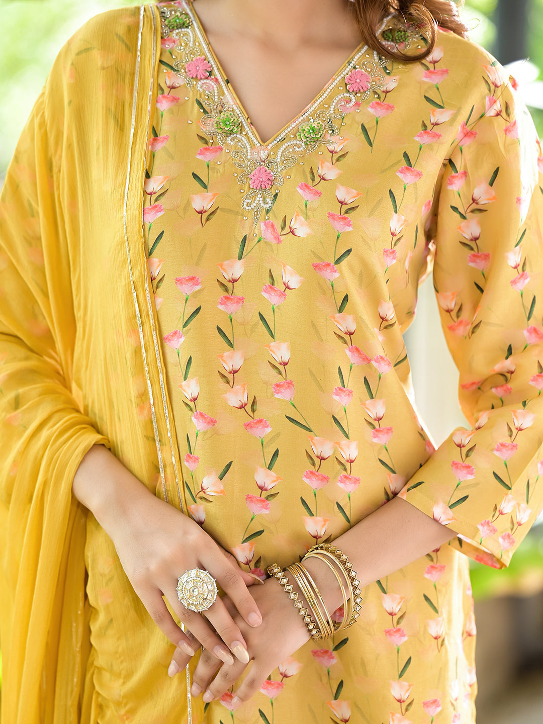 Yellow Floral Printed Bead Work Muslin Kurta Set