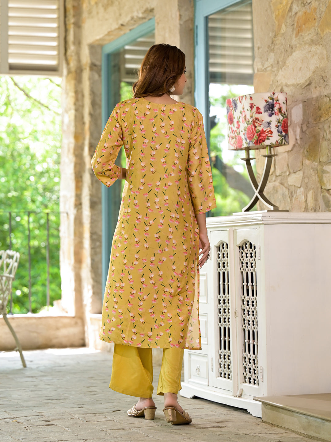 Yellow Floral Printed Bead Work Muslin Kurta Set