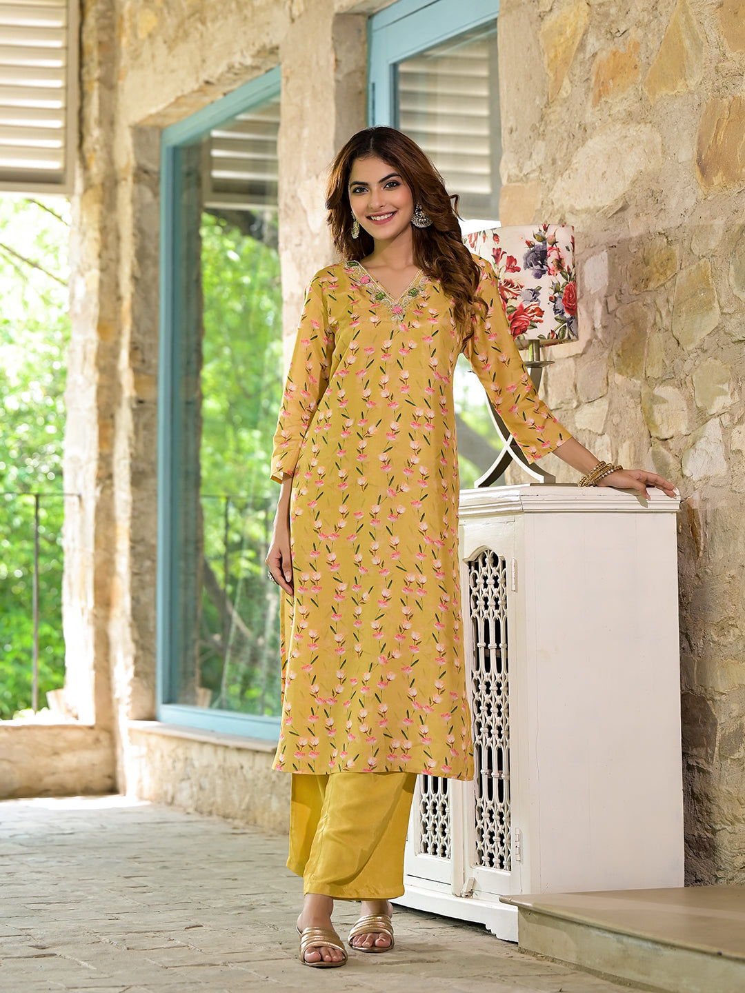 Yellow Floral Printed Bead Work Muslin Kurta Set