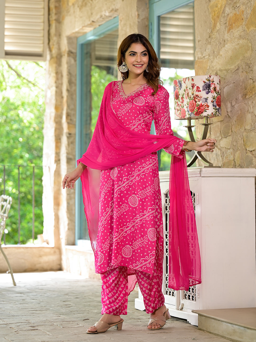 Pink Bandhni Printed Zari Work Muslin Kurta Set